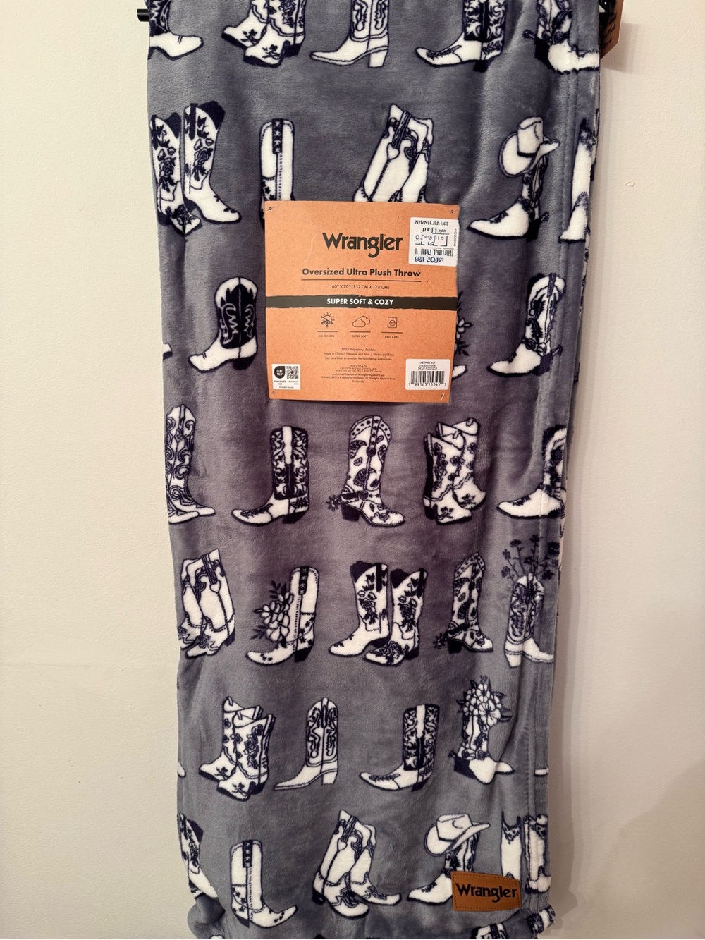 Wrangler Blue Cowboy Boot Pattern Plush Throw